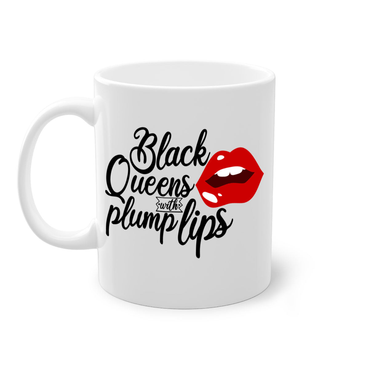 Black Queens Plump Lips Mug with two-tone design, featuring a glossy finish and colored handle, perfect for coffee and tea lovers.