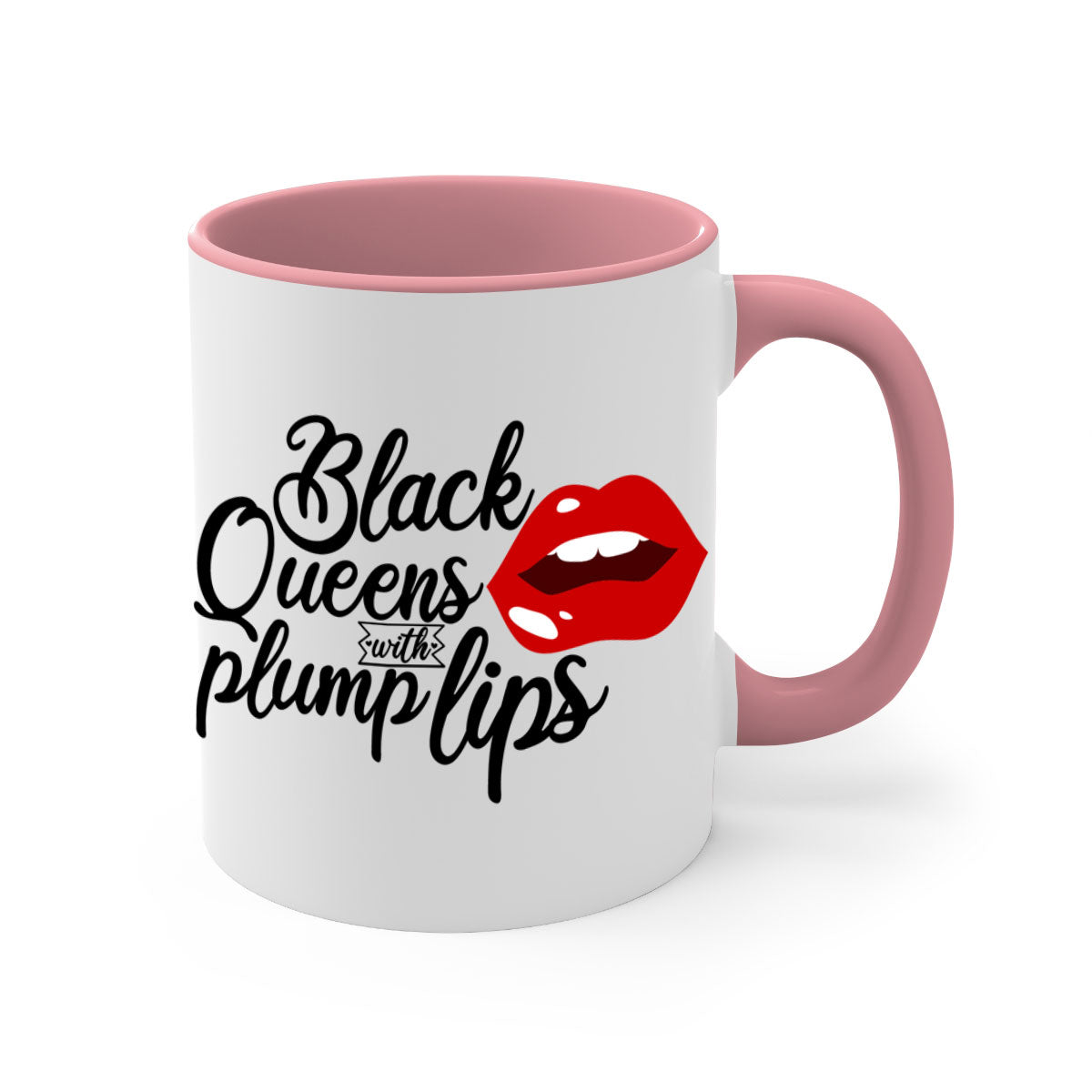 Black Queens Plump Lips Mug with two-tone design, featuring a glossy finish and colored handle, perfect for coffee and tea lovers.