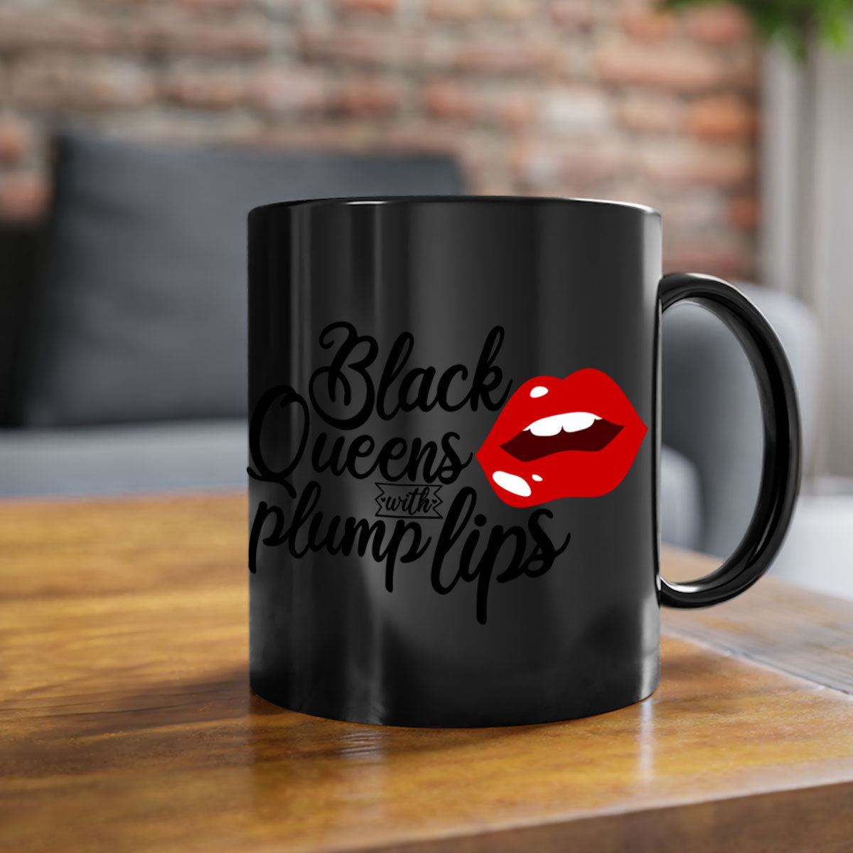 Black Queens Plump Lips Mug with two-tone design, featuring a glossy finish and colored handle, perfect for coffee and tea lovers.