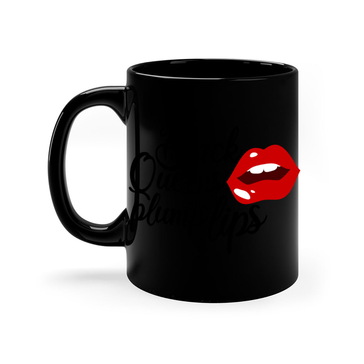 Black Queens Plump Lips Mug with two-tone design, featuring a glossy finish and colored handle, perfect for coffee and tea lovers.