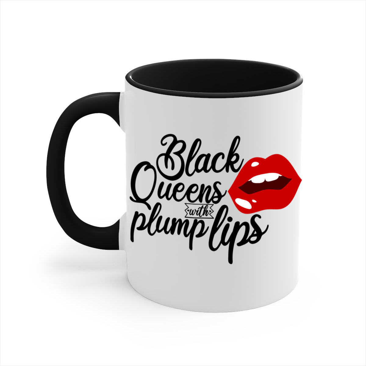 Black Queens Plump Lips Mug with two-tone design, featuring a glossy finish and colored handle, perfect for coffee and tea lovers.