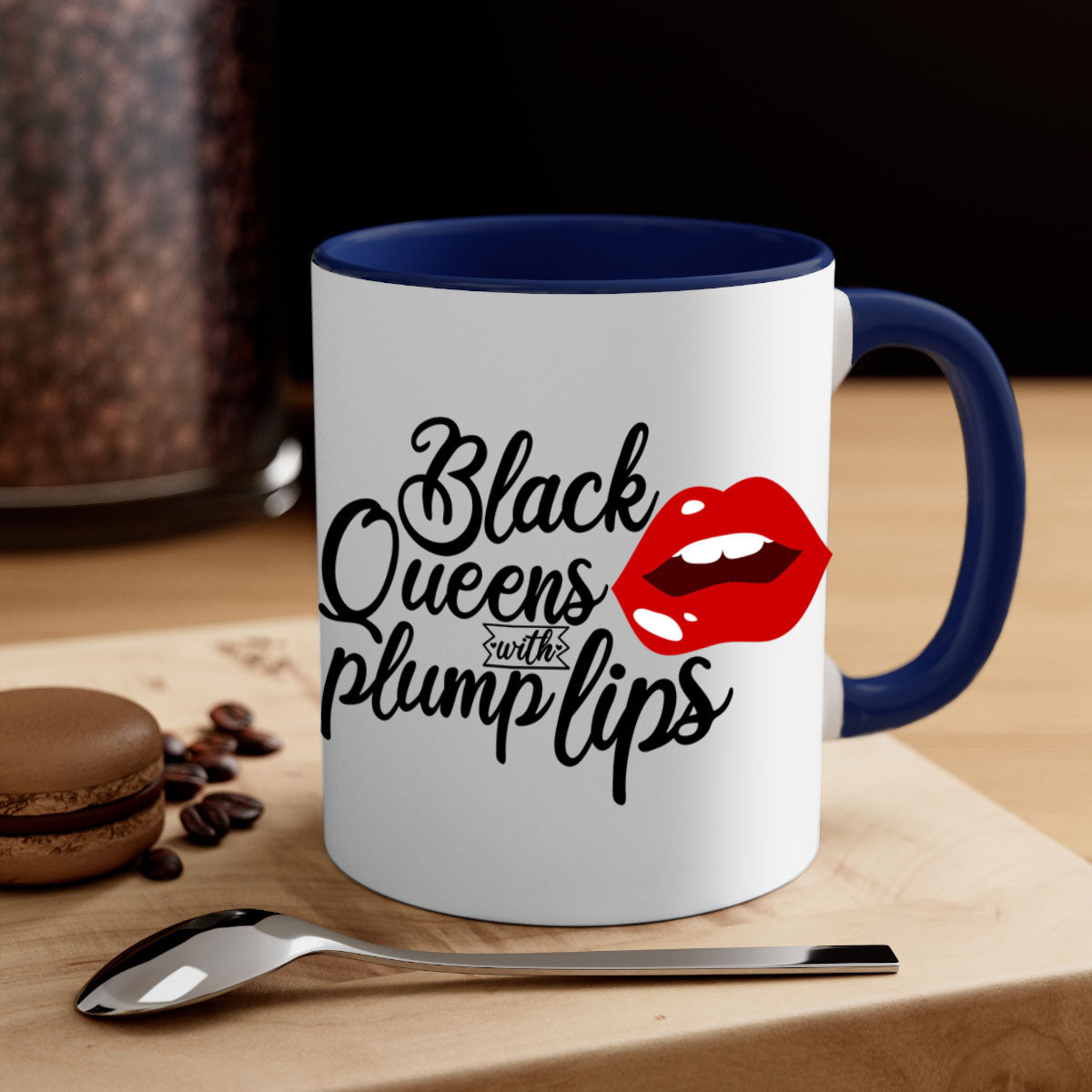 Black Queens Plump Lips Mug with two-tone design, featuring a glossy finish and colored handle, perfect for coffee and tea lovers.
