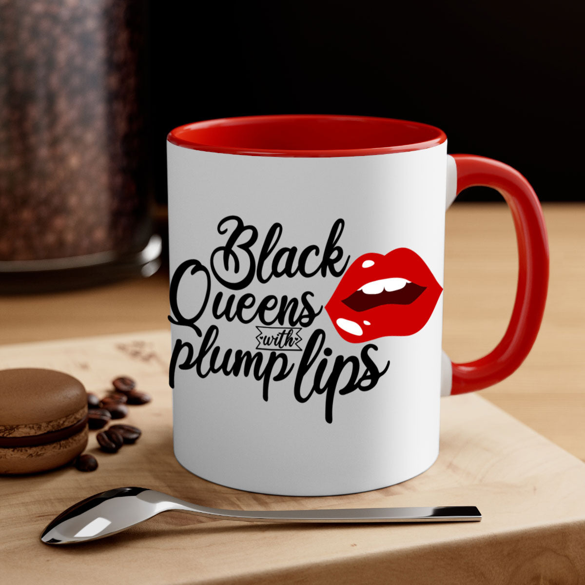 Black Queens Plump Lips Mug with two-tone design, featuring a glossy finish and colored handle, perfect for coffee and tea lovers.