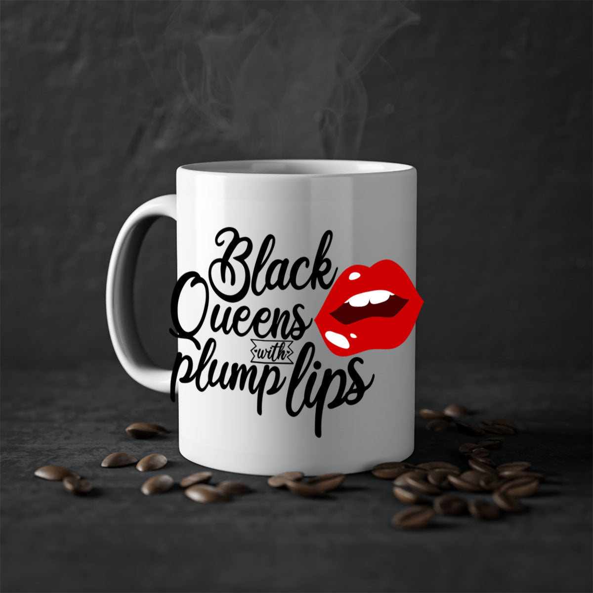 Black Queens Plump Lips Mug with two-tone design, featuring a glossy finish and colored handle, perfect for coffee and tea lovers.