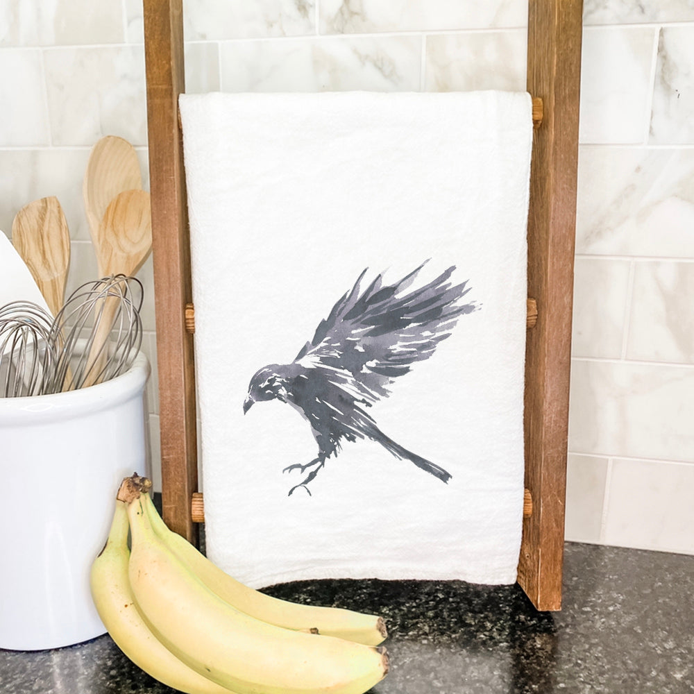 Black Raven Cotton Tea Towel featuring a vibrant design, made from 100% absorbent cotton, perfect for kitchen use.