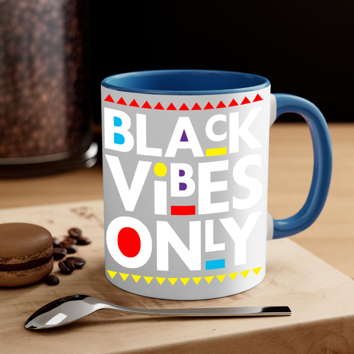 Black Vibes Only Mug with colored handle and glossy finish, available in multiple colors and sizes.