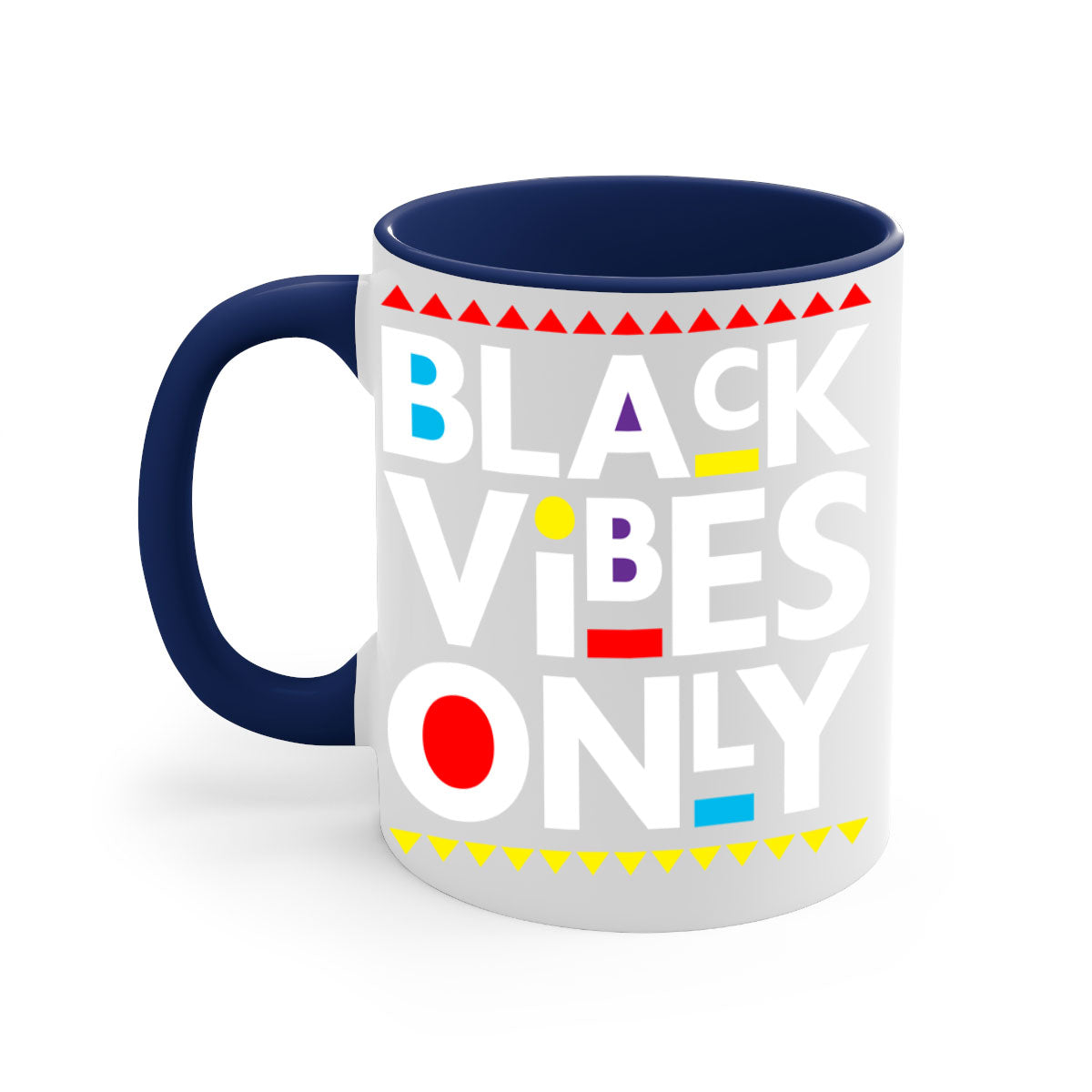 Black Vibes Only Mug with colored handle and glossy finish, available in multiple colors and sizes.