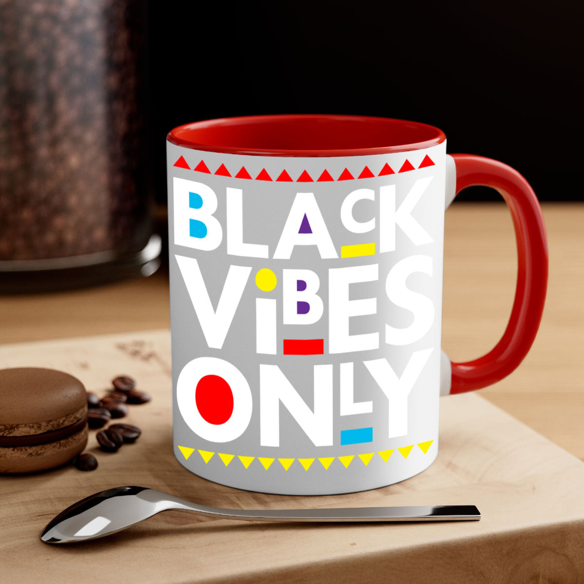 Black Vibes Only Mug with colored handle and glossy finish, available in multiple colors and sizes.