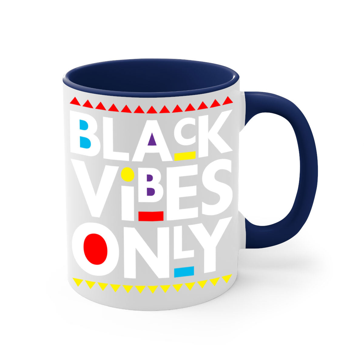 Black Vibes Only Mug with colored handle and glossy finish, available in multiple colors and sizes.