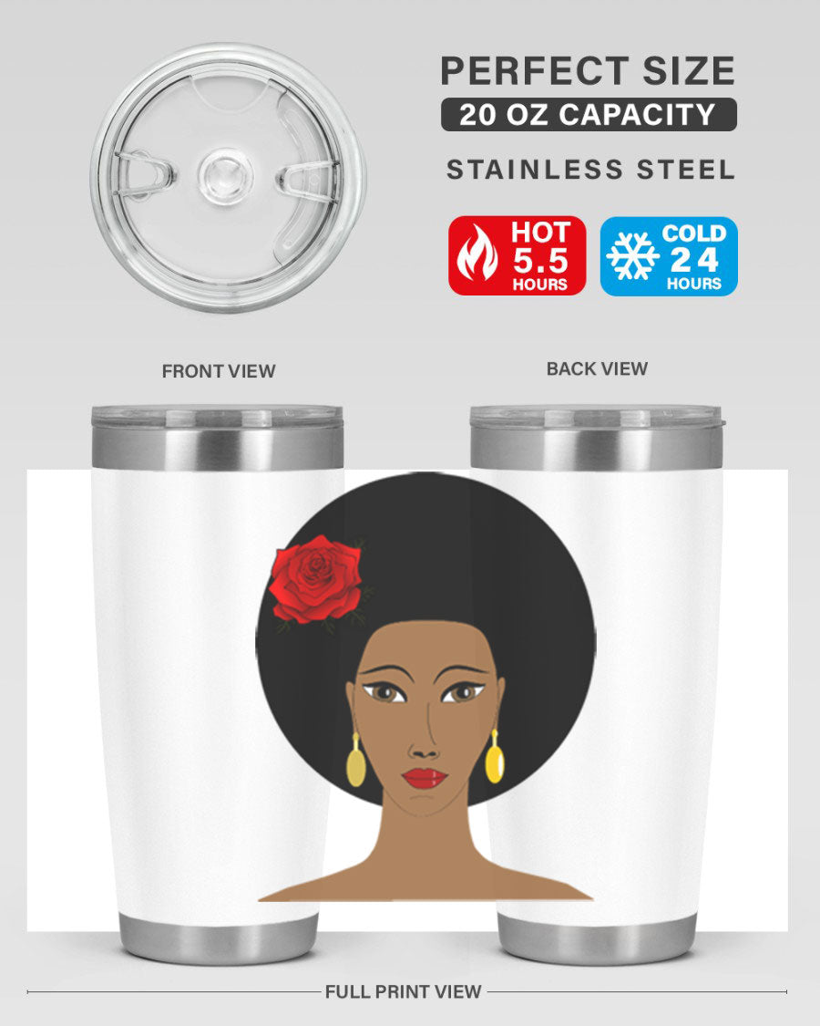 Black woman 54# tumbler, 20oz, double wall vacuum stainless steel with copper lining, featuring a stylish design and drink-thru lid.