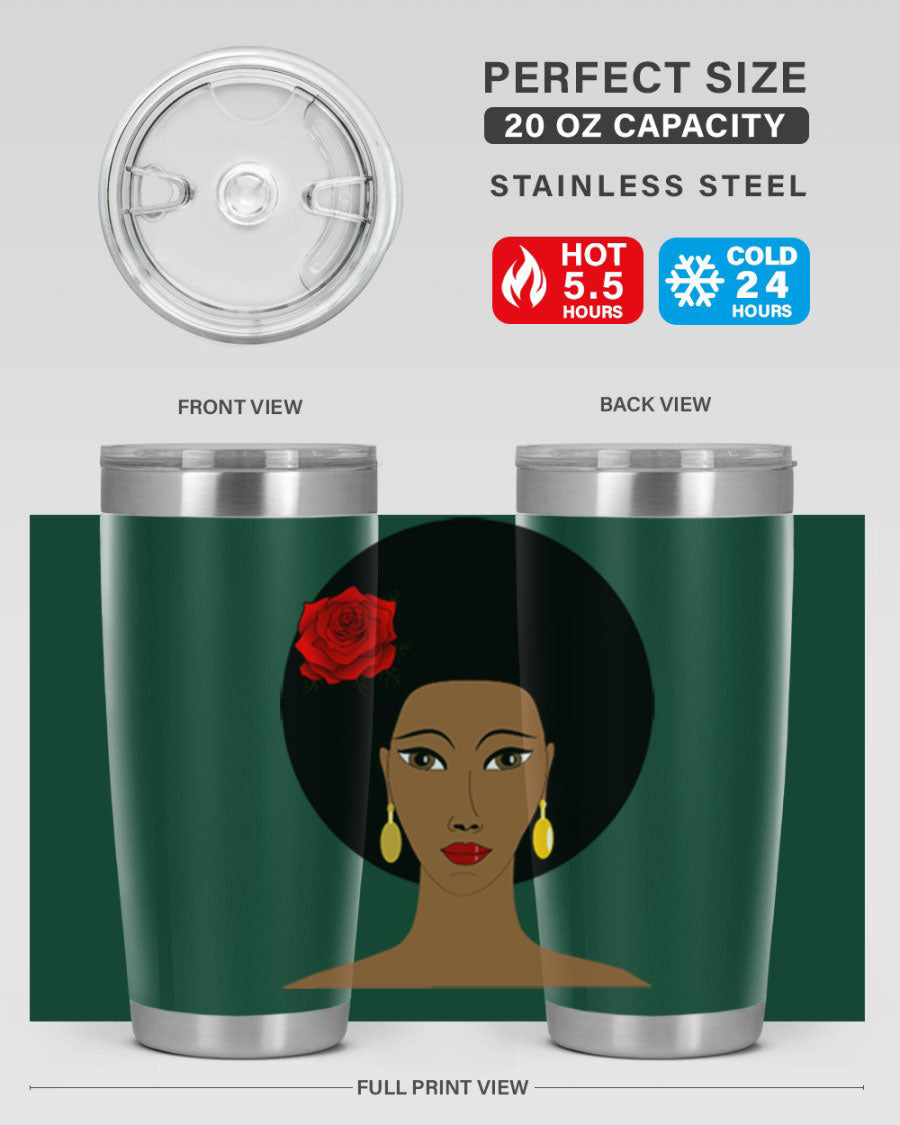 Black woman 54# tumbler, 20oz, double wall vacuum stainless steel with copper lining, featuring a stylish design and drink-thru lid.