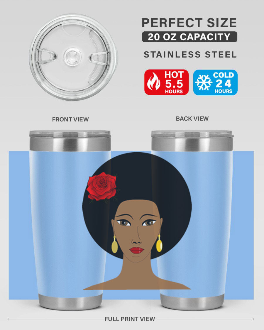 Black woman 54# tumbler, 20oz, double wall vacuum stainless steel with copper lining, featuring a stylish design and drink-thru lid.