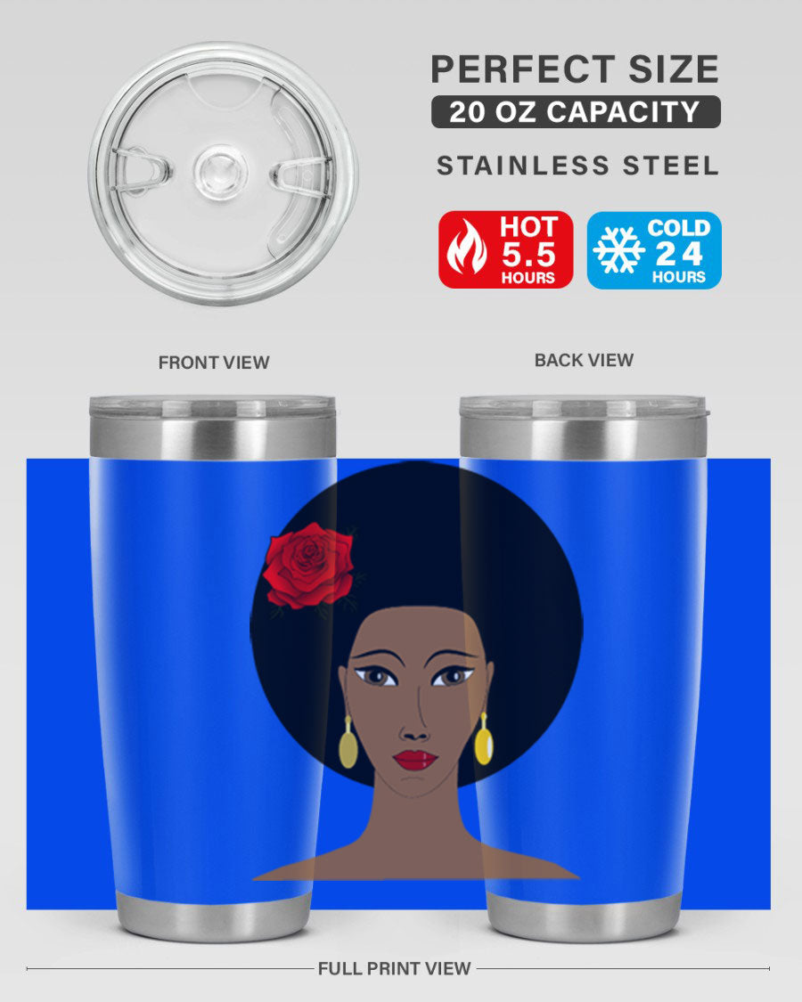 Black woman 54# tumbler, 20oz, double wall vacuum stainless steel with copper lining, featuring a stylish design and drink-thru lid.