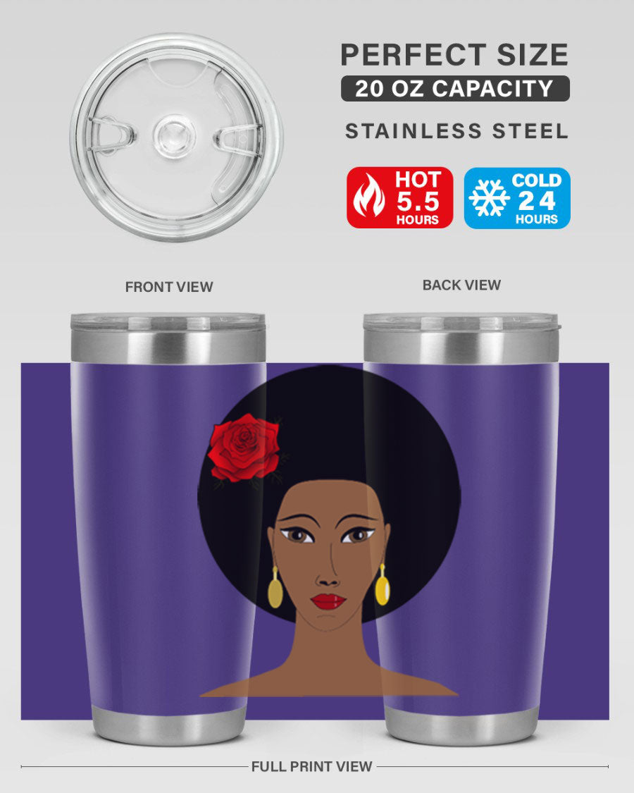 Black woman 54# tumbler, 20oz, double wall vacuum stainless steel with copper lining, featuring a stylish design and drink-thru lid.