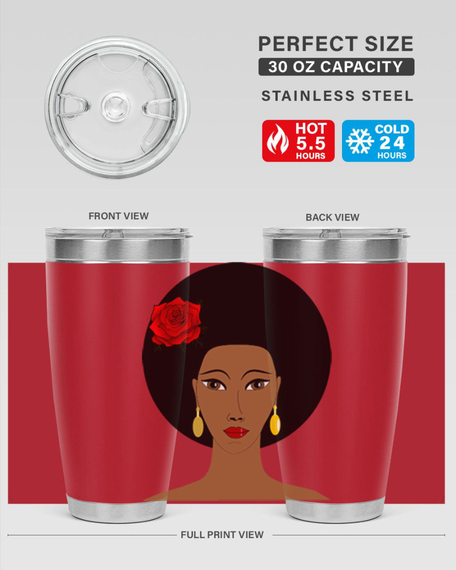 Black woman 54# tumbler, 20oz, double wall vacuum stainless steel with copper lining, featuring a stylish design and drink-thru lid.