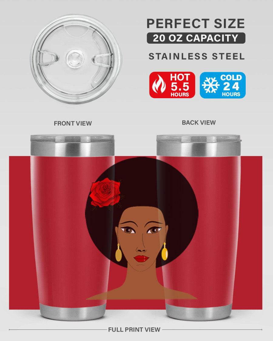 Black woman 54# tumbler, 20oz, double wall vacuum stainless steel with copper lining, featuring a stylish design and drink-thru lid.