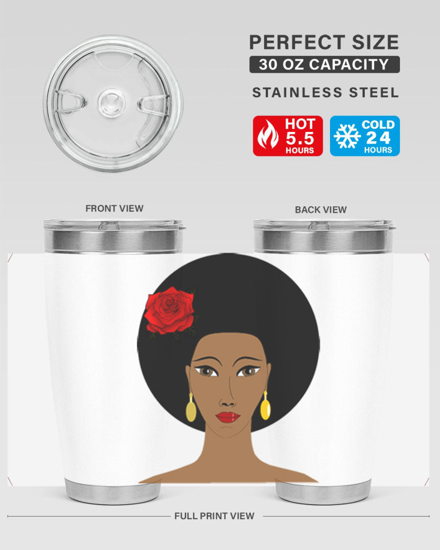 Black woman 54# tumbler, 20oz, double wall vacuum stainless steel with copper lining, featuring a stylish design and drink-thru lid.