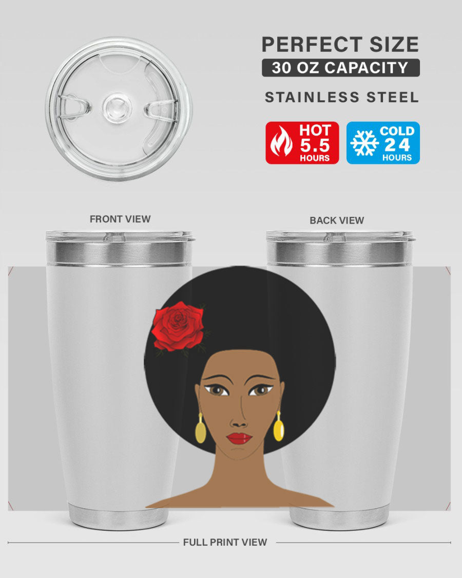 Black woman 54# tumbler, 20oz, double wall vacuum stainless steel with copper lining, featuring a stylish design and drink-thru lid.