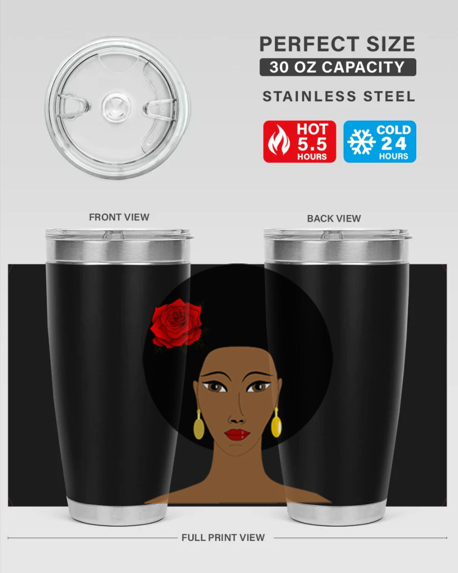 Black woman 54# tumbler, 20oz, double wall vacuum stainless steel with copper lining, featuring a stylish design and drink-thru lid.