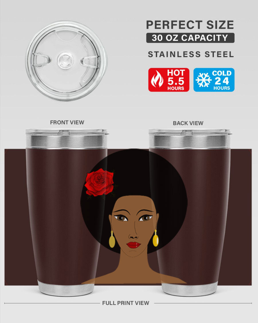 Black woman 54# tumbler, 20oz, double wall vacuum stainless steel with copper lining, featuring a stylish design and drink-thru lid.
