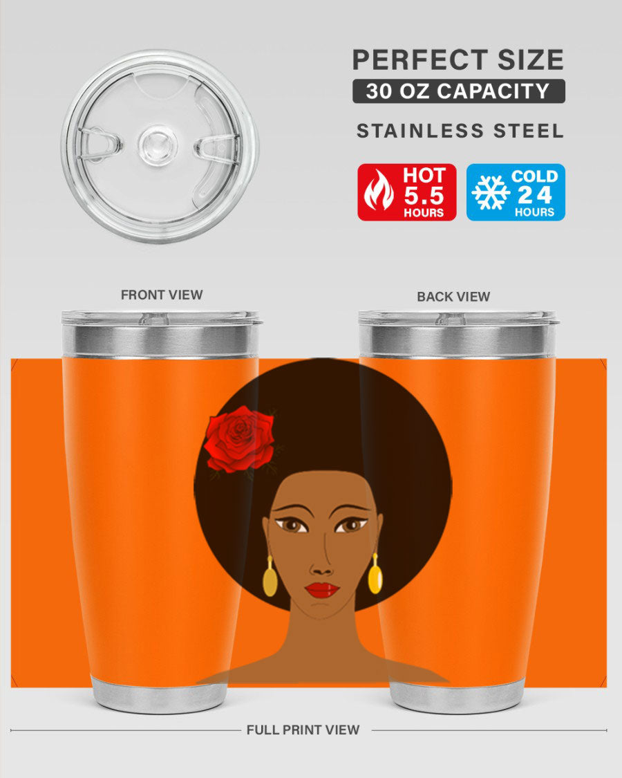Black woman 54# tumbler, 20oz, double wall vacuum stainless steel with copper lining, featuring a stylish design and drink-thru lid.