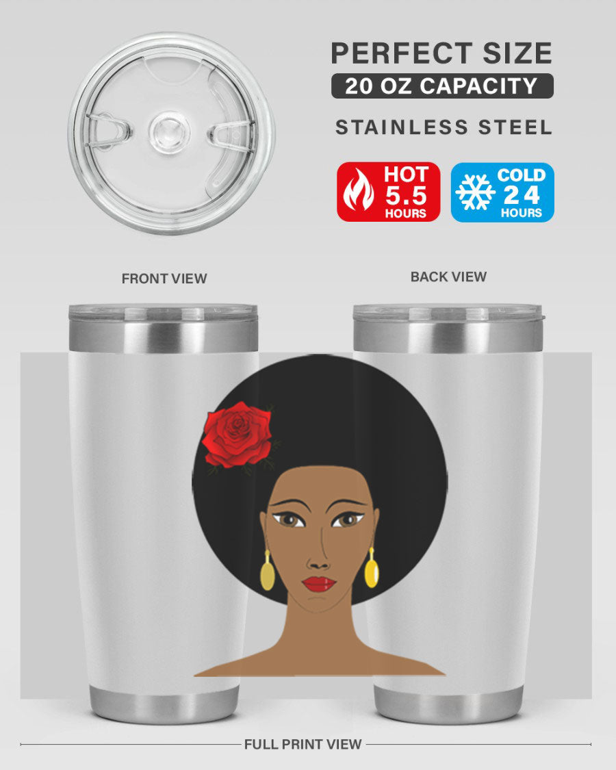 Black woman 54# tumbler, 20oz, double wall vacuum stainless steel with copper lining, featuring a stylish design and drink-thru lid.