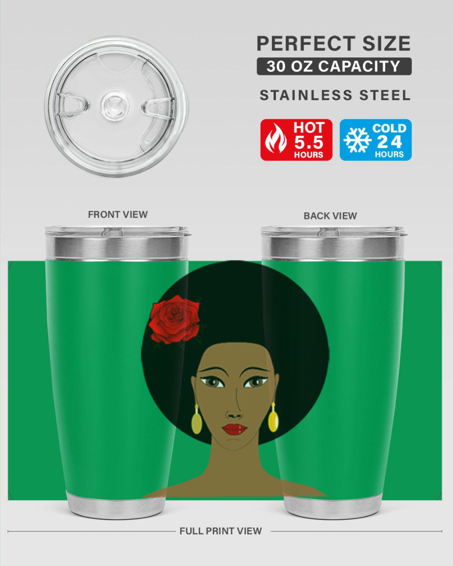 Black woman 54# tumbler, 20oz, double wall vacuum stainless steel with copper lining, featuring a stylish design and drink-thru lid.