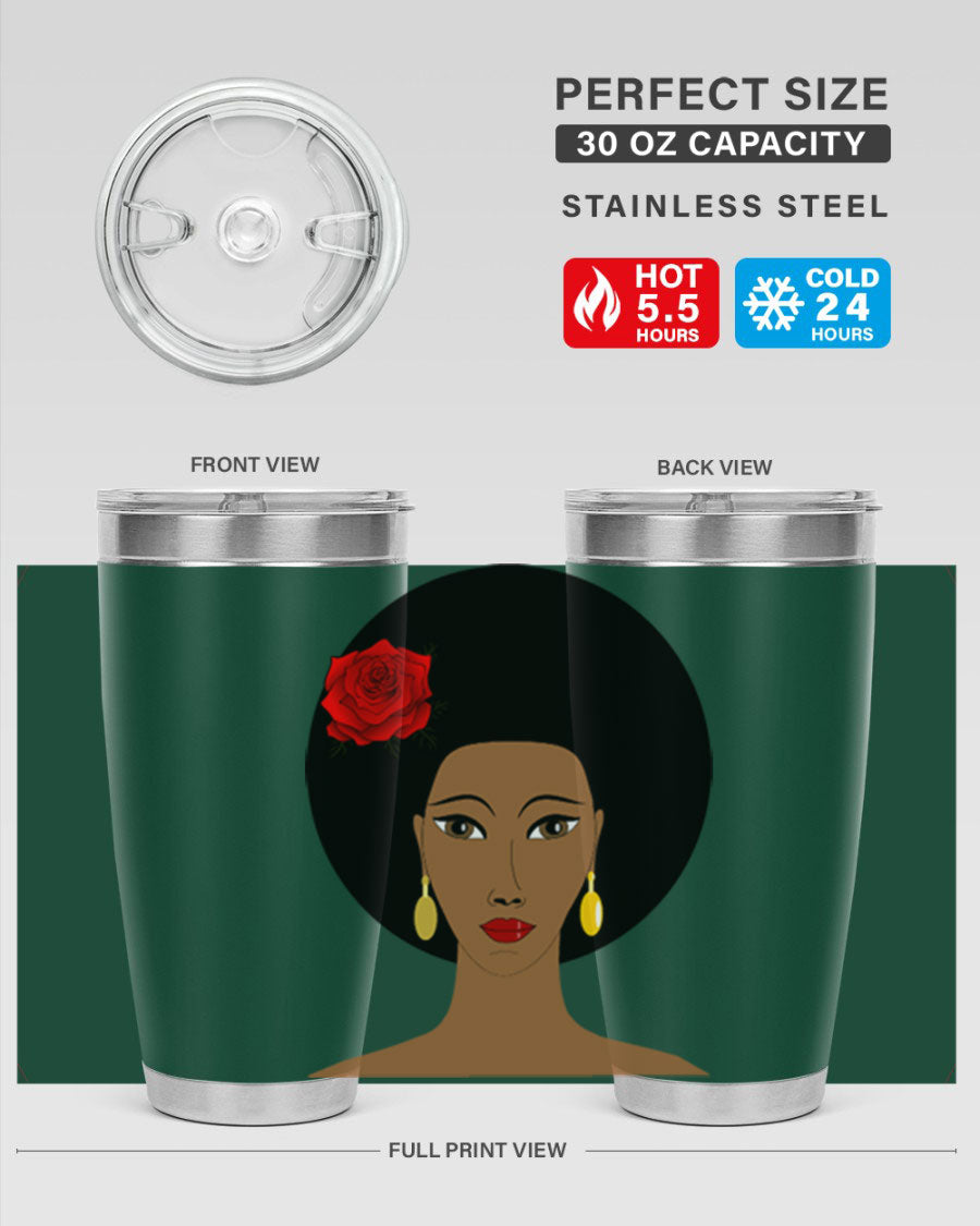 Black woman 54# tumbler, 20oz, double wall vacuum stainless steel with copper lining, featuring a stylish design and drink-thru lid.