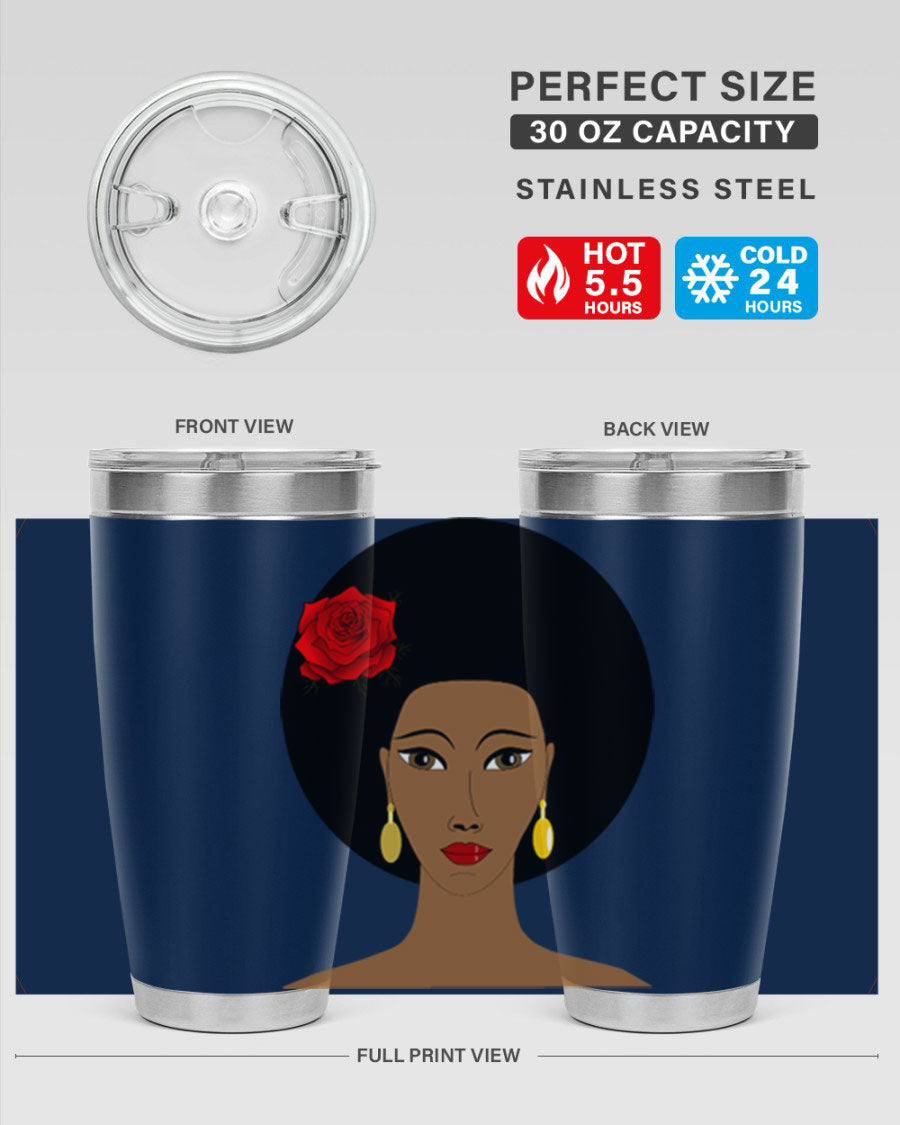 Black woman 54# tumbler, 20oz, double wall vacuum stainless steel with copper lining, featuring a stylish design and drink-thru lid.