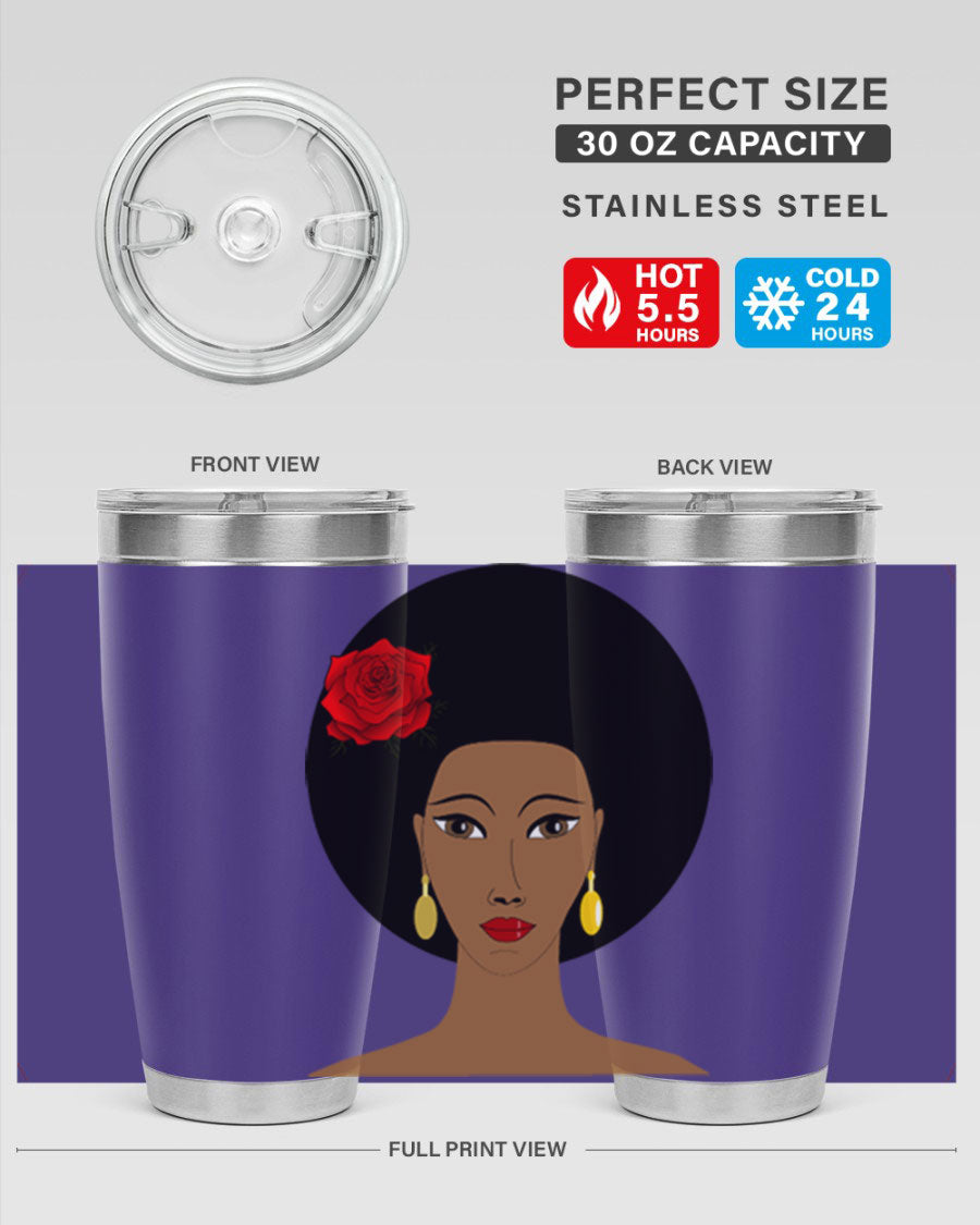 Black woman 54# tumbler, 20oz, double wall vacuum stainless steel with copper lining, featuring a stylish design and drink-thru lid.