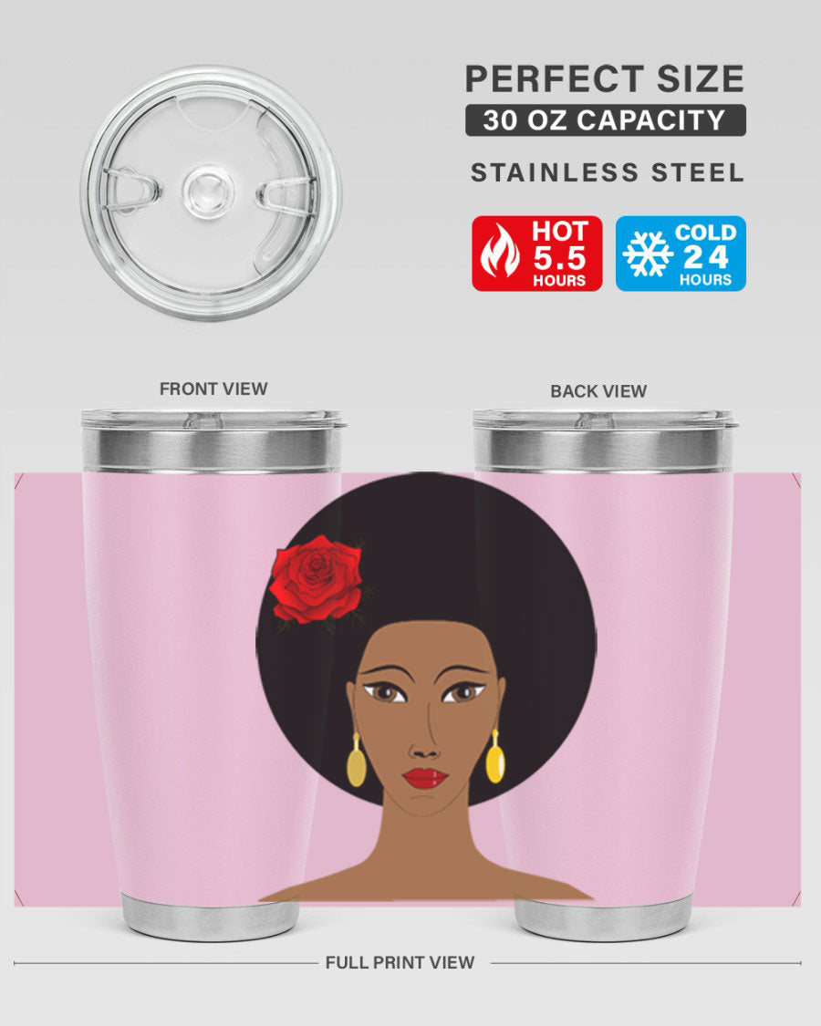 Black woman 54# tumbler, 20oz, double wall vacuum stainless steel with copper lining, featuring a stylish design and drink-thru lid.