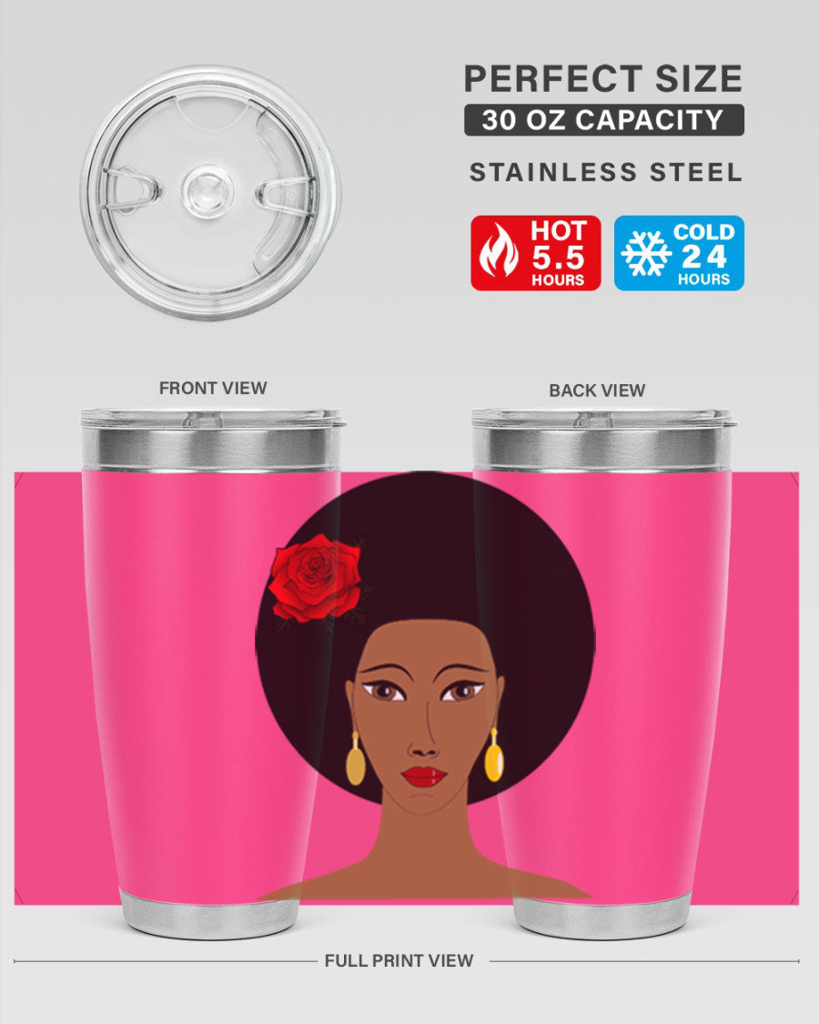 Black woman 54# tumbler, 20oz, double wall vacuum stainless steel with copper lining, featuring a stylish design and drink-thru lid.