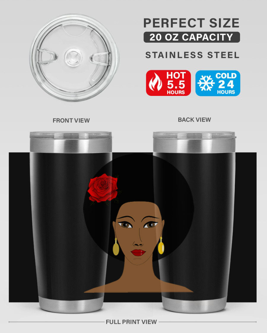 Black woman 54# tumbler, 20oz, double wall vacuum stainless steel with copper lining, featuring a stylish design and drink-thru lid.