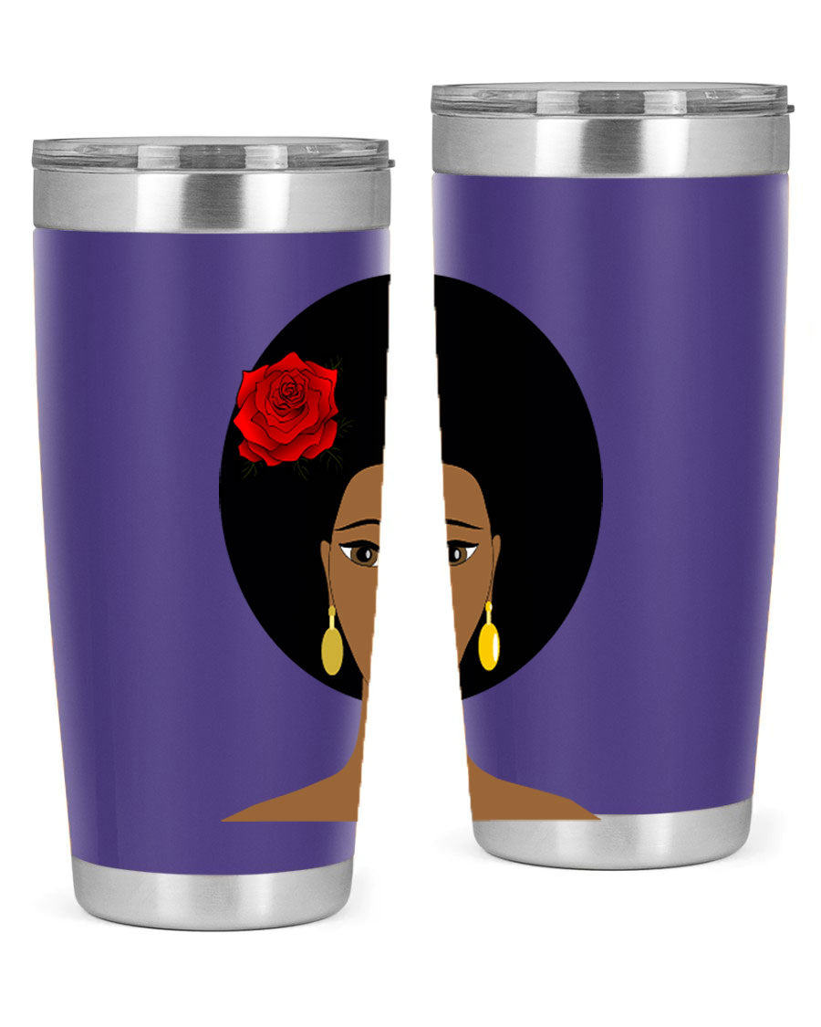 Black woman 54# tumbler, 20oz, double wall vacuum stainless steel with copper lining, featuring a stylish design and drink-thru lid.