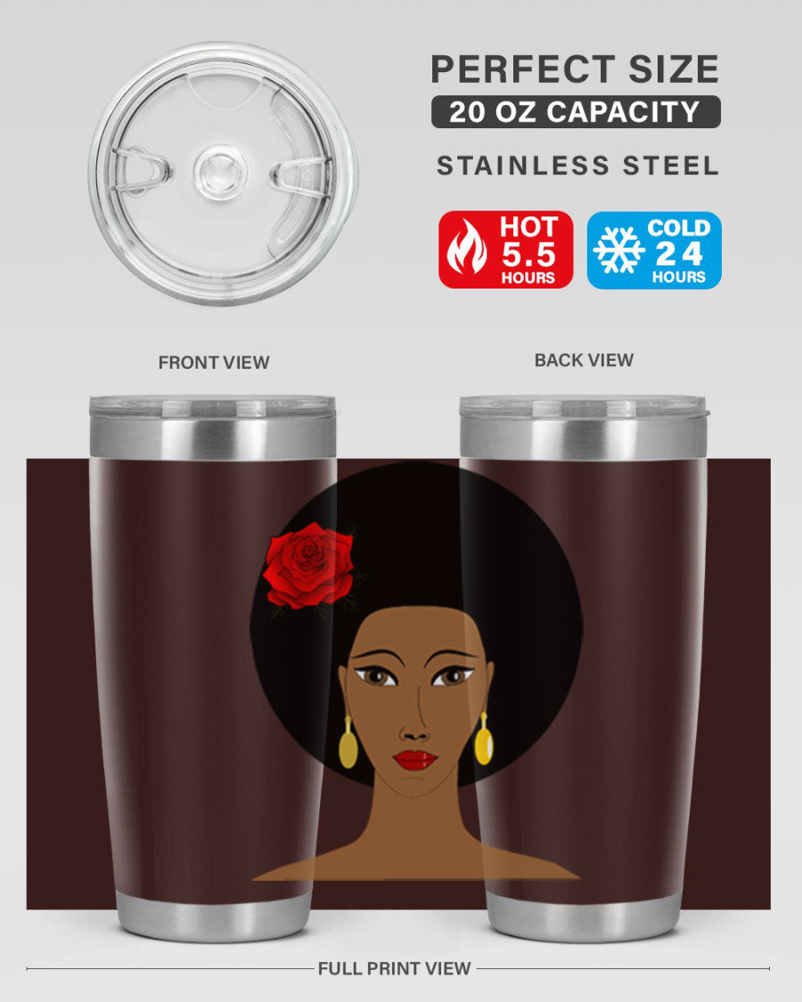Black woman 54# tumbler, 20oz, double wall vacuum stainless steel with copper lining, featuring a stylish design and drink-thru lid.