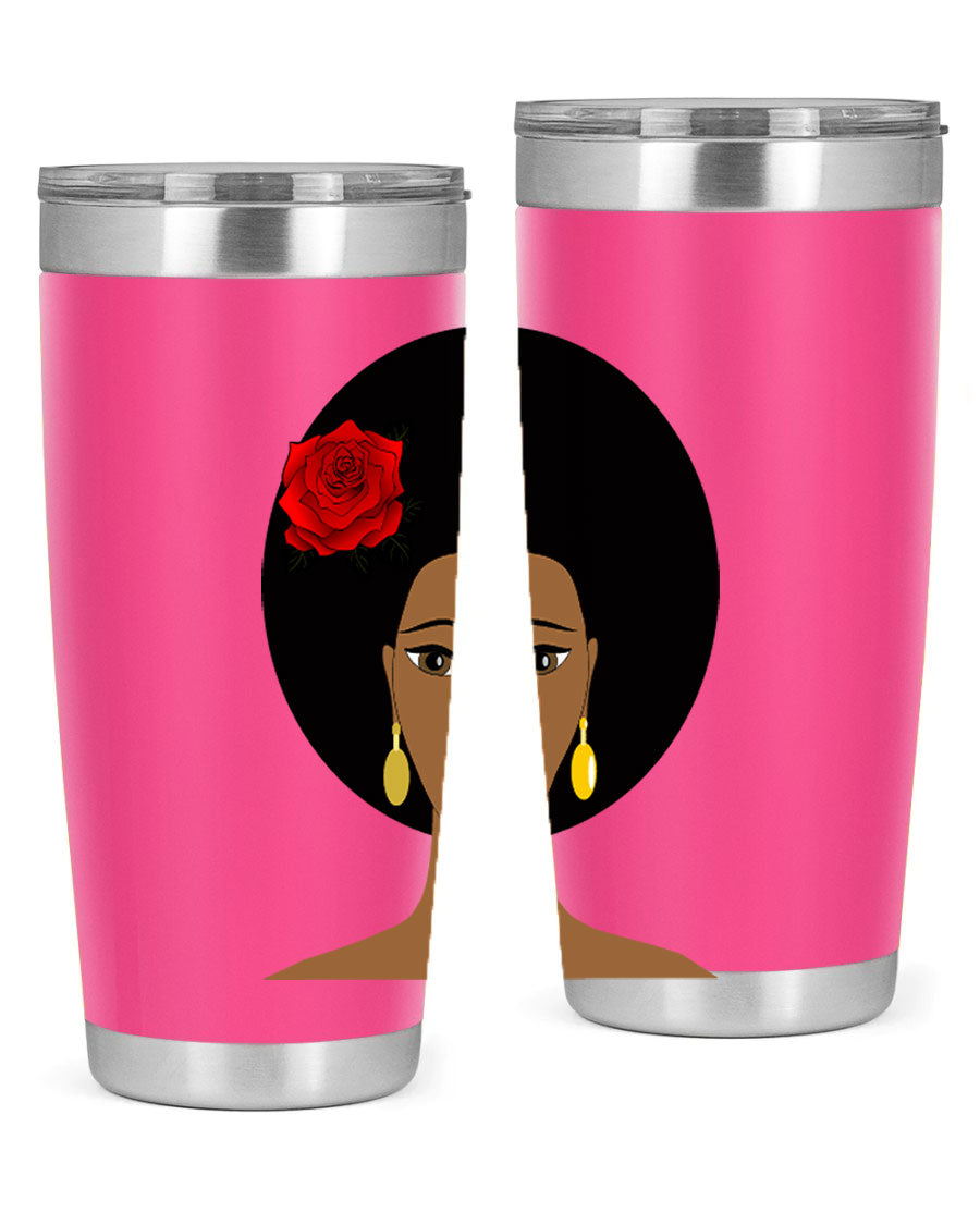 Black woman 54# tumbler, 20oz, double wall vacuum stainless steel with copper lining, featuring a stylish design and drink-thru lid.