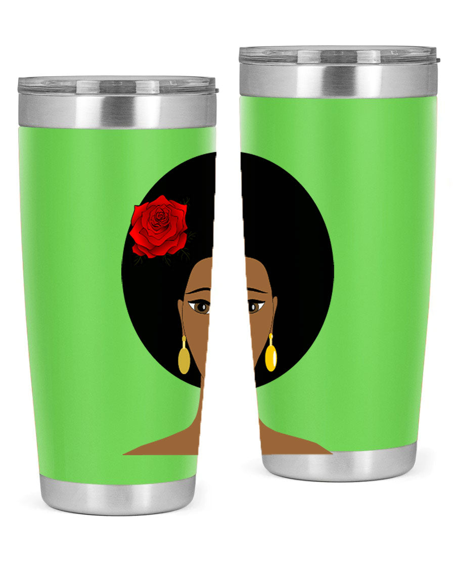Black woman 54# tumbler, 20oz, double wall vacuum stainless steel with copper lining, featuring a stylish design and drink-thru lid.