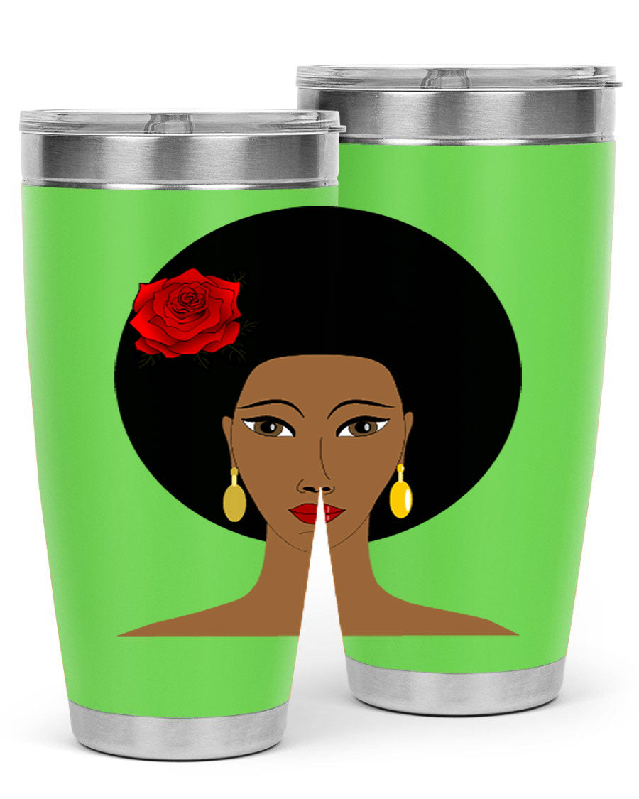 Black woman 54# tumbler, 20oz, double wall vacuum stainless steel with copper lining, featuring a stylish design and drink-thru lid.