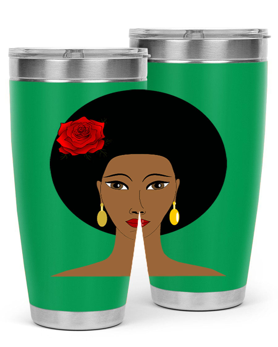 Black woman 54# tumbler, 20oz, double wall vacuum stainless steel with copper lining, featuring a stylish design and drink-thru lid.