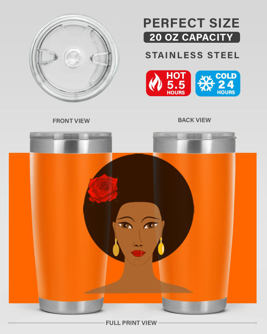 Black woman 54# tumbler, 20oz, double wall vacuum stainless steel with copper lining, featuring a stylish design and drink-thru lid.