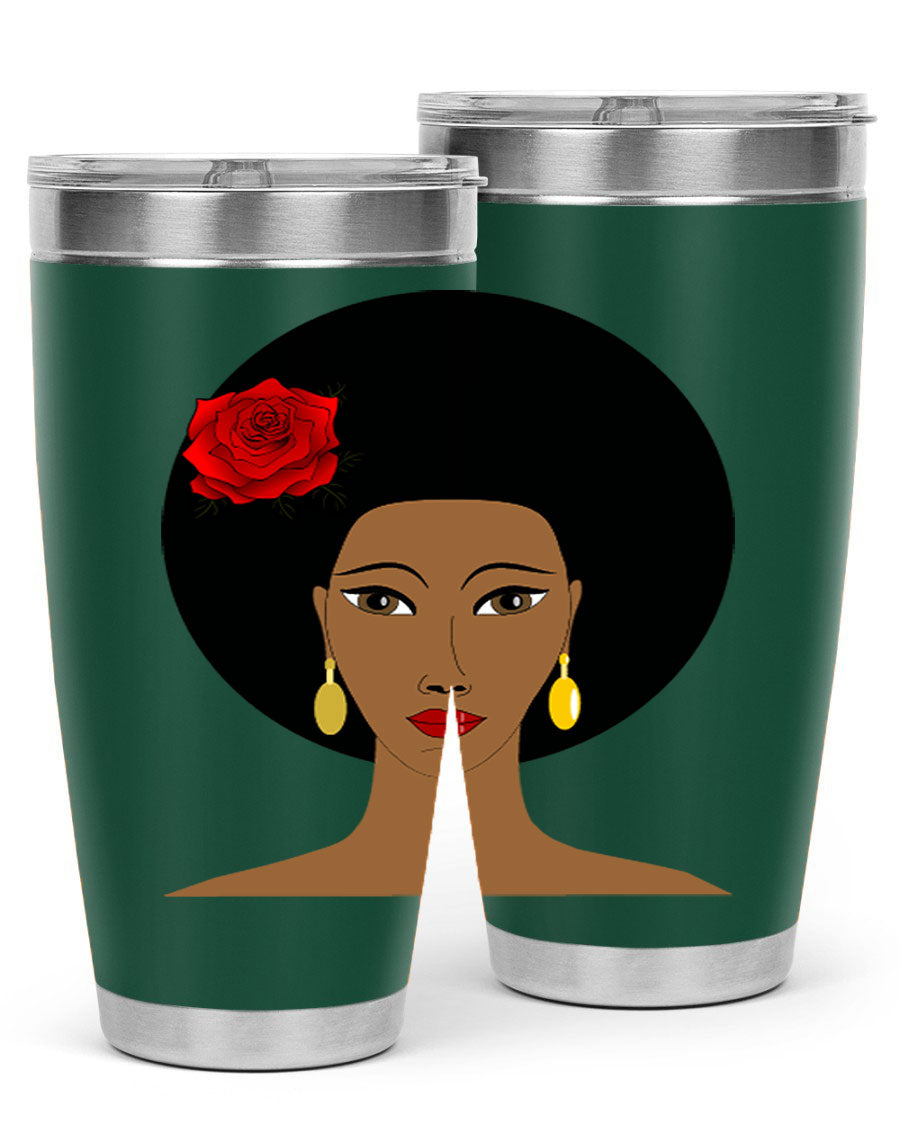 Black woman 54# tumbler, 20oz, double wall vacuum stainless steel with copper lining, featuring a stylish design and drink-thru lid.