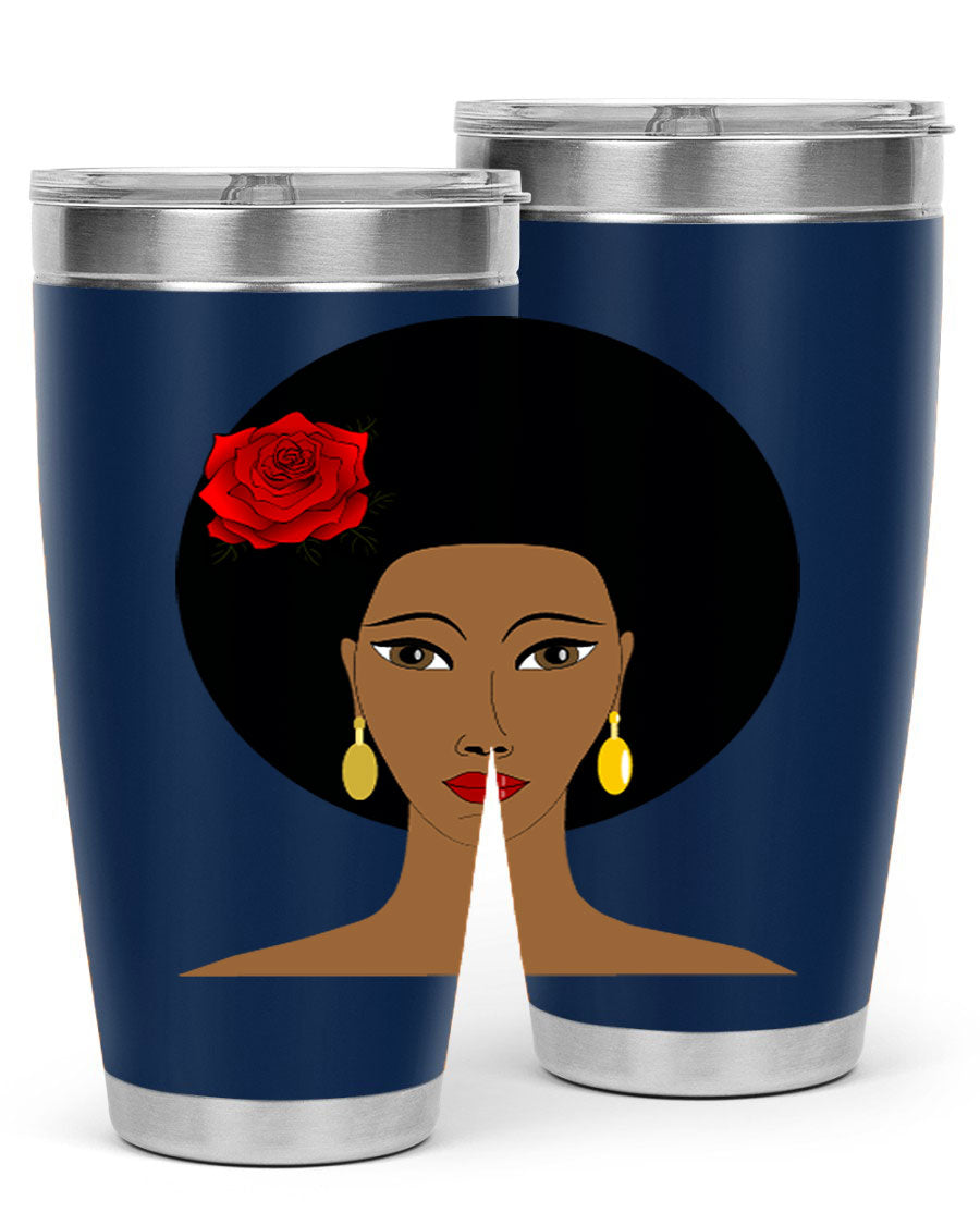 Black woman 54# tumbler, 20oz, double wall vacuum stainless steel with copper lining, featuring a stylish design and drink-thru lid.