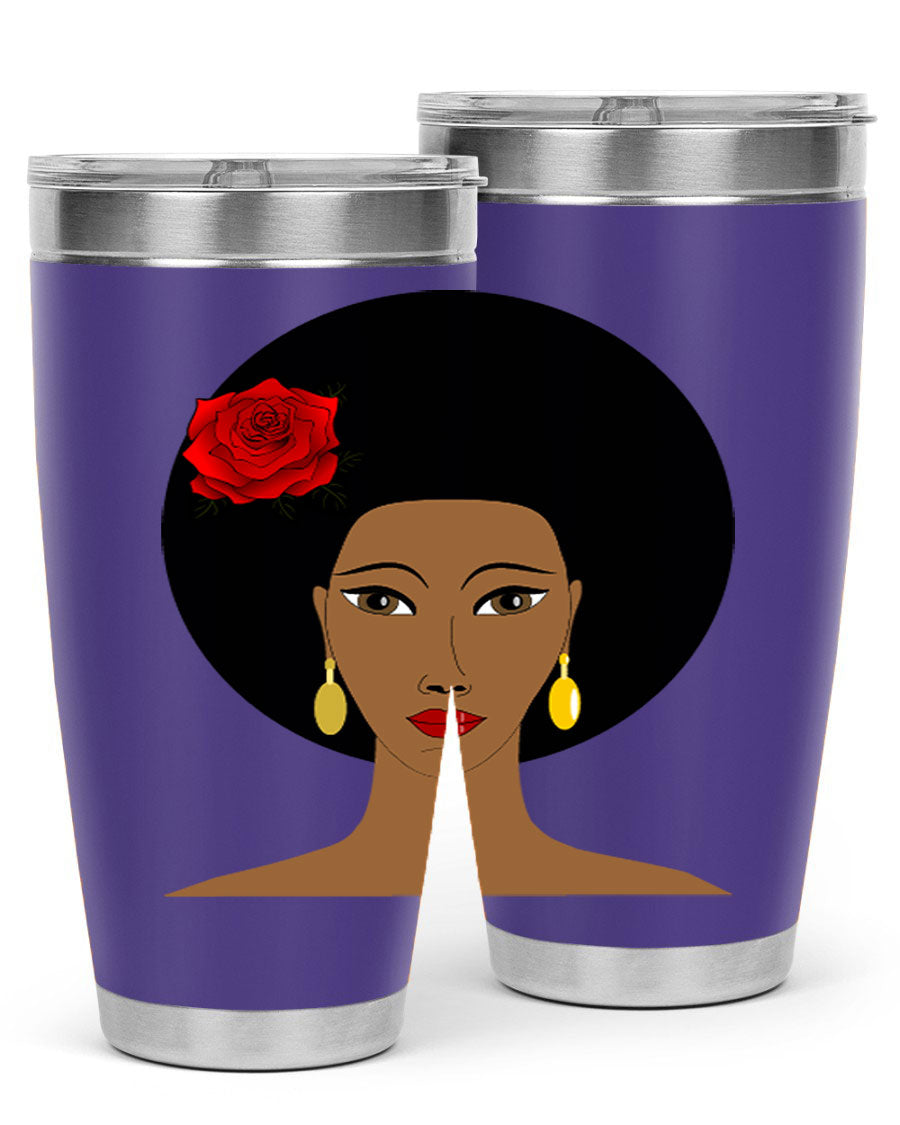 Black woman 54# tumbler, 20oz, double wall vacuum stainless steel with copper lining, featuring a stylish design and drink-thru lid.