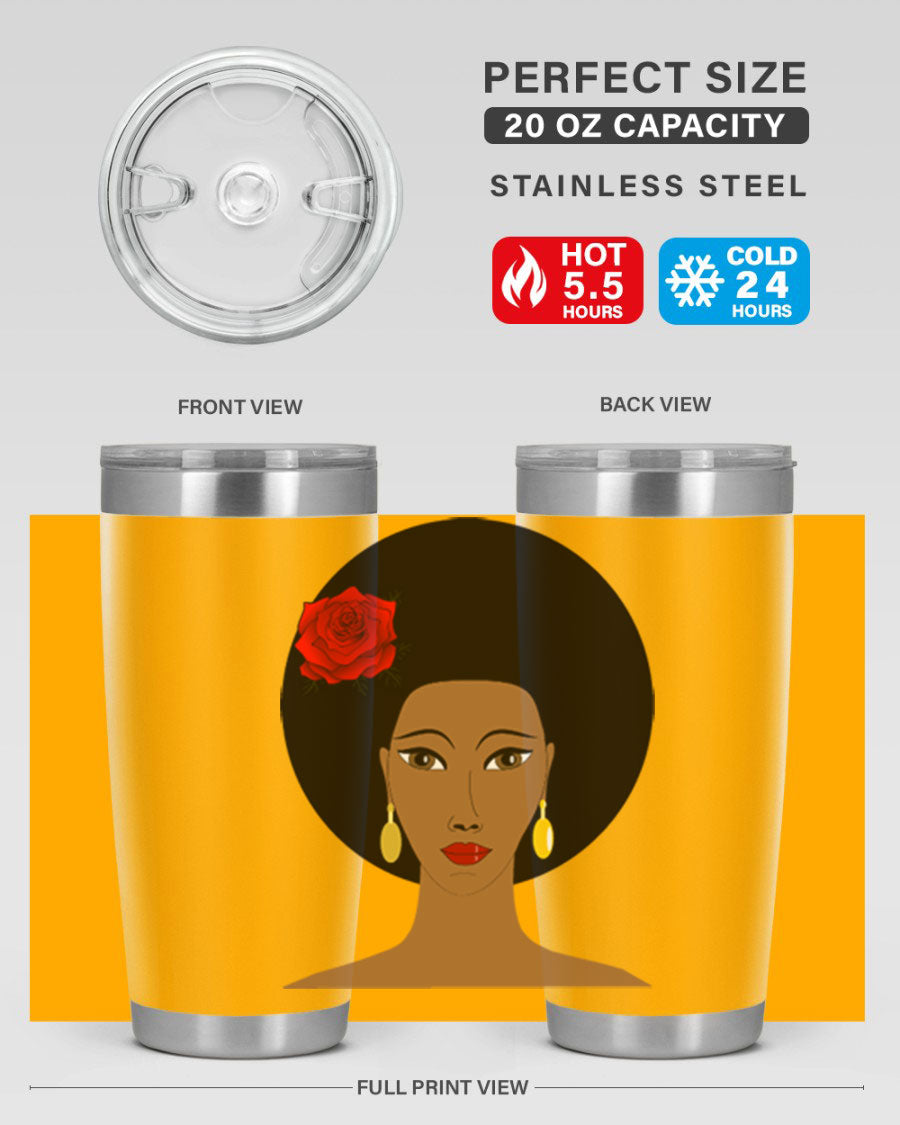 Black woman 54# tumbler, 20oz, double wall vacuum stainless steel with copper lining, featuring a stylish design and drink-thru lid.