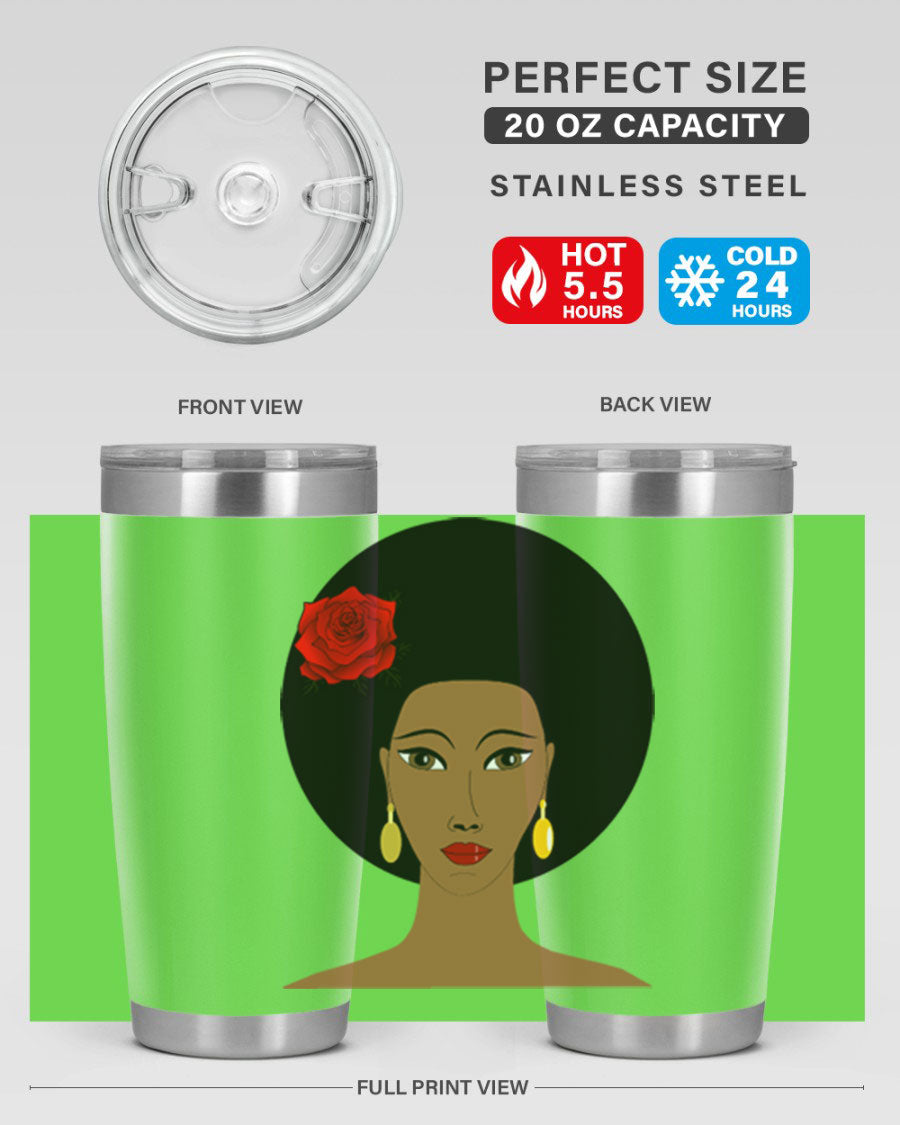 Black woman 54# tumbler, 20oz, double wall vacuum stainless steel with copper lining, featuring a stylish design and drink-thru lid.