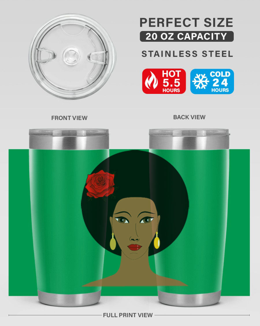 Black woman 54# tumbler, 20oz, double wall vacuum stainless steel with copper lining, featuring a stylish design and drink-thru lid.