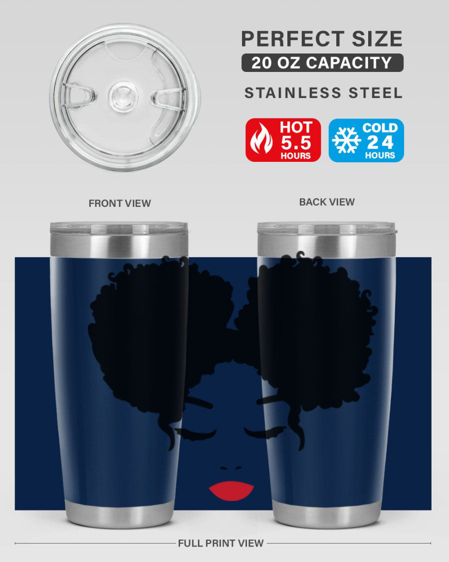 A stylish tumbler featuring a black woman with red lips, showcasing its sleek stainless steel design.