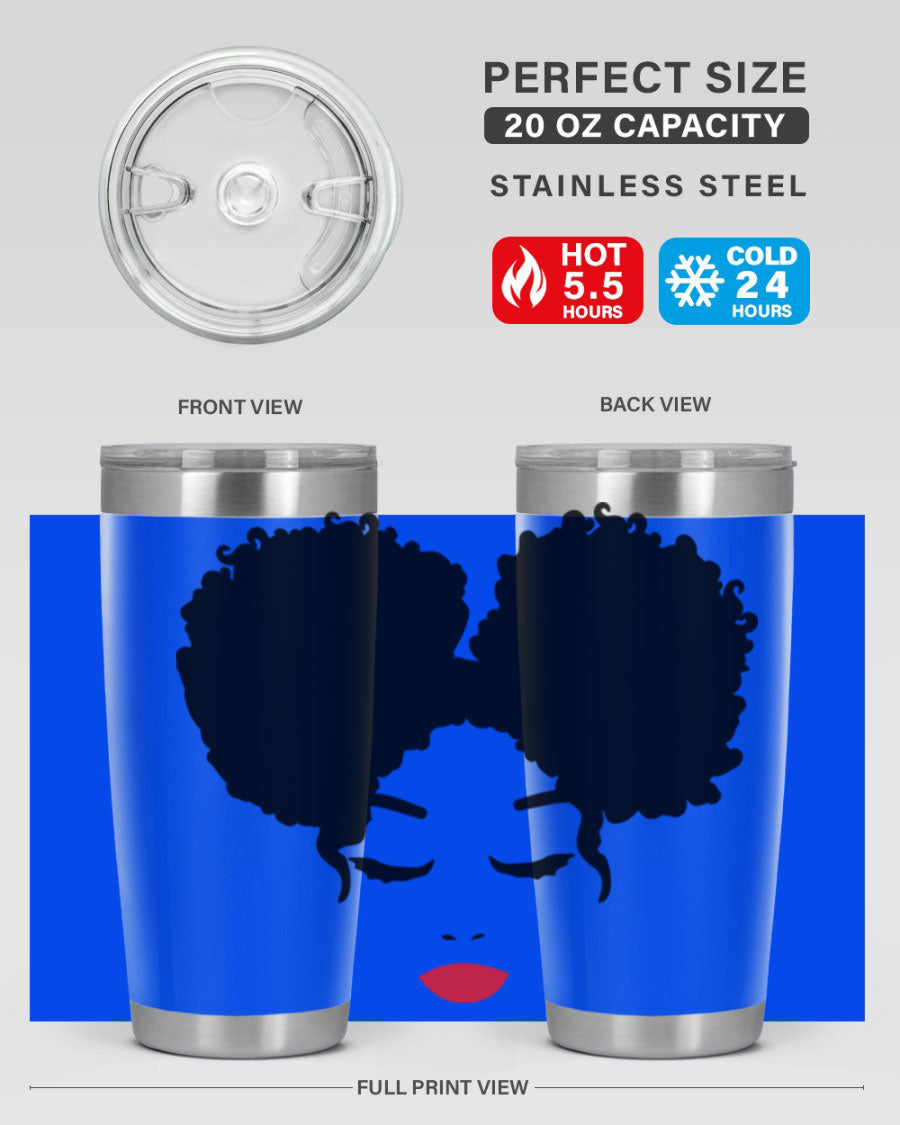 A stylish tumbler featuring a black woman with red lips, showcasing its sleek stainless steel design.