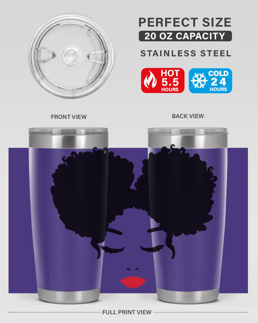 A stylish tumbler featuring a black woman with red lips, showcasing its sleek stainless steel design.