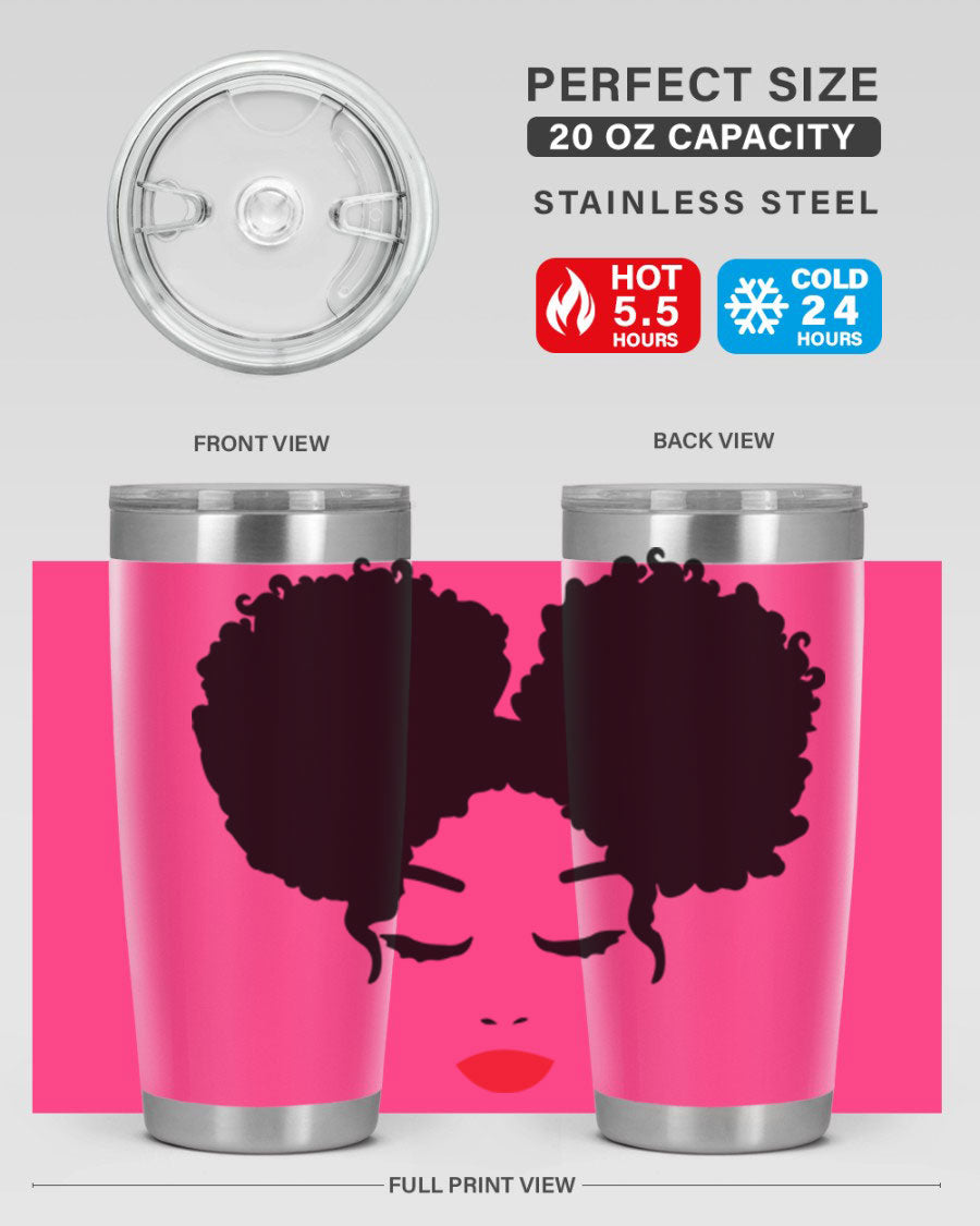 A stylish tumbler featuring a black woman with red lips, showcasing its sleek stainless steel design.